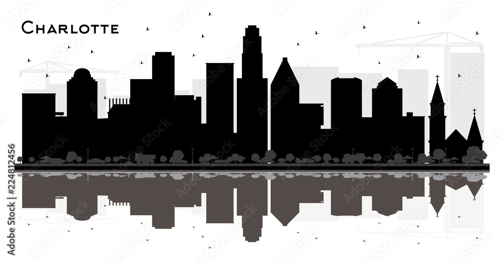 Charlotte City skyline black and white silhouette with Reflections. Charlotte City skyline black and white silhouette with Reflections.
