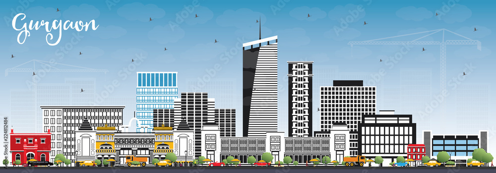 Gurgaon India City Skyline with Gray Buildings and Blue Sky.
