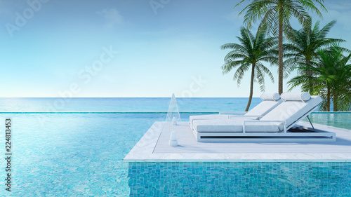 Relaxing summe,beach lounge, Sunbathing deck and private swimming pool with Palm trees near beach and panoramic sea view at luxury house /3d rendering