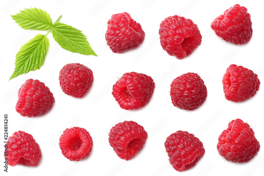 ripe raspberries with green leaf isolated on white background. top view ripe raspberries with green leaf isolated on white background. top view