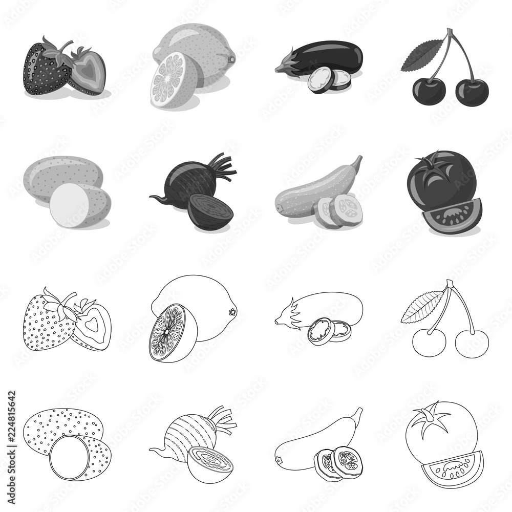 Isolated object of vegetable and fruit sign. Collection of vegetable and vegetarian stock vector illustration.
