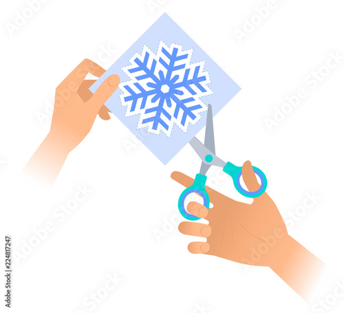 Hand with a pair of scissors cuts out a christmas snowflake from paper. Flat vector illustration of snowflake shape with dotted line and school shears. The xmas celebration and decoration concept.