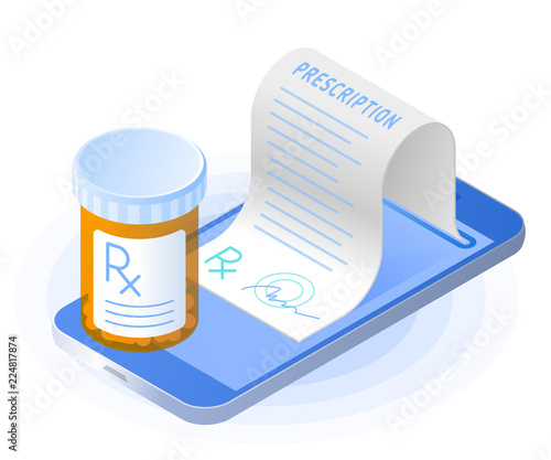 The smartphone, doctor online writes the medical prescription, pill bottle. Flat vector isometric illustration. The telehealth, telemedicine, internet healthcare, online medicine, tele health concept.