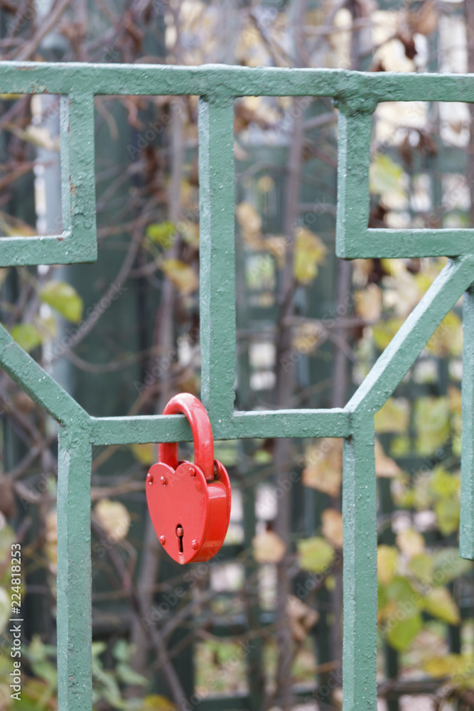 closed red padlock in the form of a heart on the fence, a symbol of strong and unbreakable family relations, closed by the bride and groom on the wedding day closed red padlock in the form of a heart on the fence, a symbol of strong and unbreakable family relations, closed by the bride and groom on the wedding day