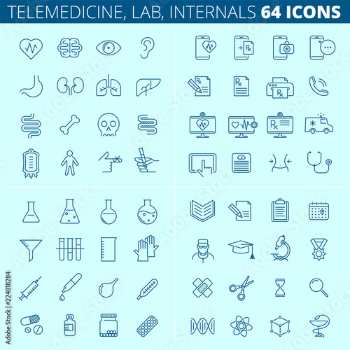 Medicine, health, telemedicine, internal organ line icons. Vector concept linear symbols. Human anatomy, medical college, science laboratory, first aid, emergency, higher medical education icon set.