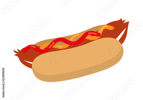 Hotdog with ketchup and mustard. Fast food on a white background. Flat design style. Vector illustration