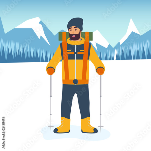Cartoon climber with trekking sticks in hand and in full gear for a hike in the mountains. The concept of sport and competition. Flat design style. Vector illustration.