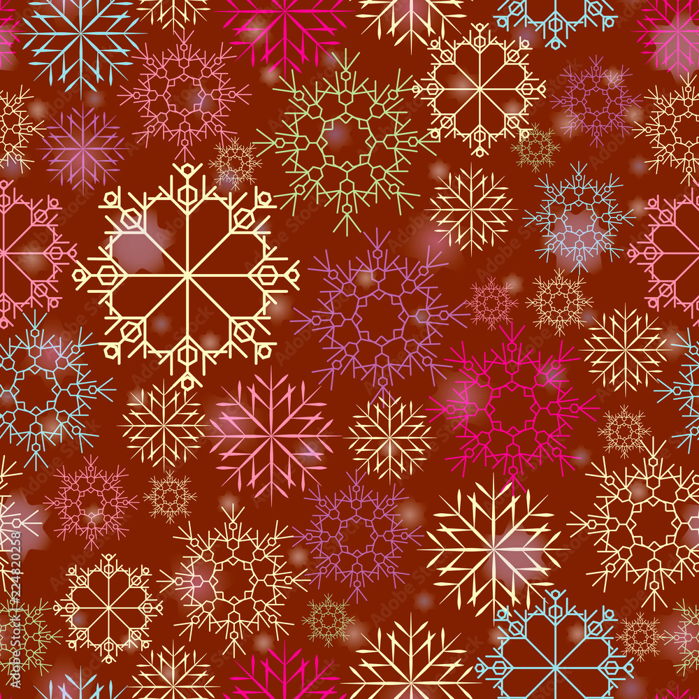 Christmas pattern with snowflakes in bright colors on a burgundy background. As material for gift wrapping or background. Christmas pattern with snowflakes in bright colors on a burgundy background. As material for gift wrapping or background.