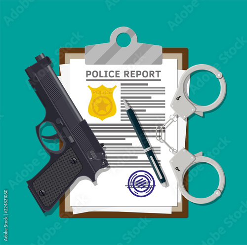 Clipboard with police report and pen.