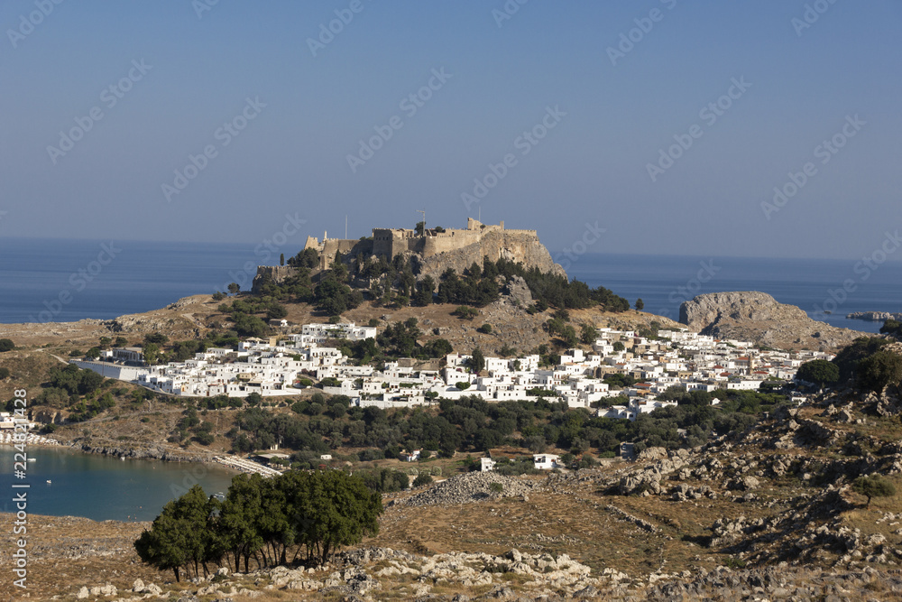  sea, rocks and bays in the ancient city of Lindos on the island of Rhodes in Greece