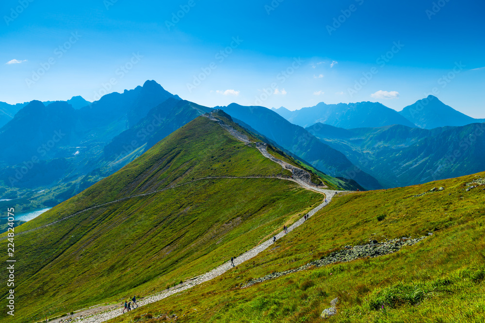 Obraz premium Tourist trova on Kasprowy Wierch on the ridge of the mountain. Tatras, Poland