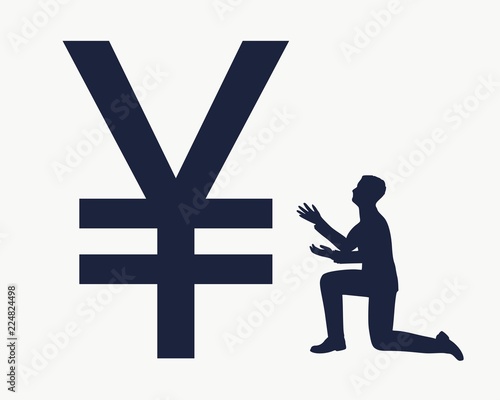 Silhouette of man in prayer pose. Man and symbol of yen currency.