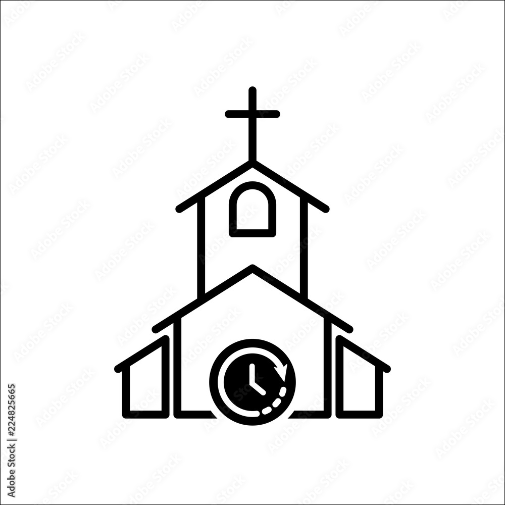 Church icon, Religion building, christian, christianity temple icon with time sign. Church icon and countdown, deadline, schedule, planning symbol Church icon, Religion building, christian, christianity temple icon with time sign. Church icon and countdown, deadline, schedule, planning symbol