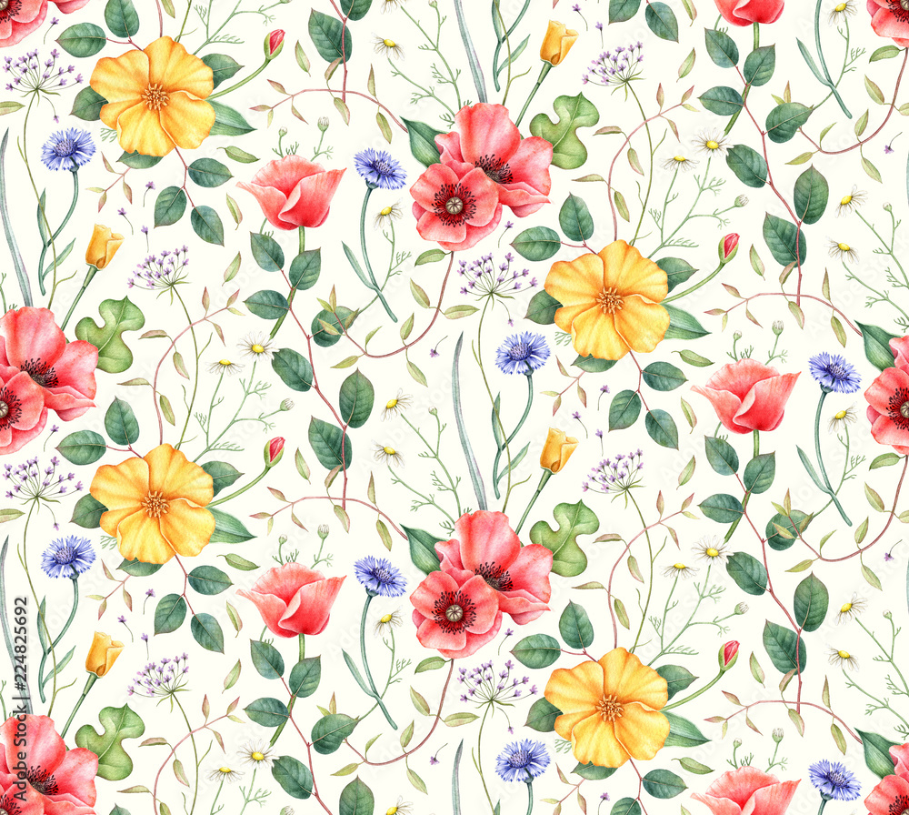 Seamless pattern with wildflowers: poppy, cornflower, chamomile and herbs. Hand drawn watercolor illustration for fabric, wrapping, wallpapers and other designs. Floral botanical print.