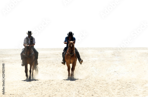 Cowboy riding horse isolated over white