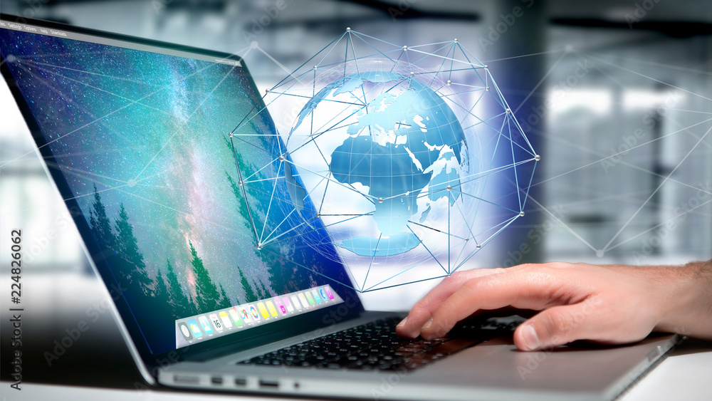 Businessman holding a Connected network over a earth globe concept on a futuristic interface - 3d rendering Businessman holding a Connected network over a earth globe concept on a futuristic interface - 3d rendering
