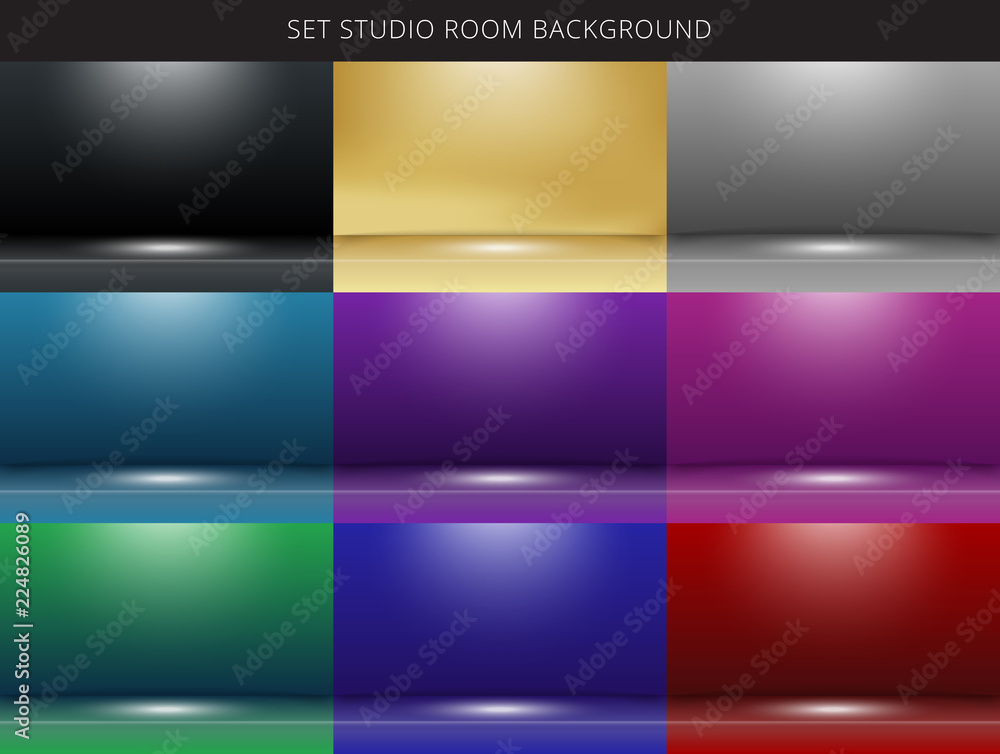 Set of 9 abstract studio room background with lighting on stage.