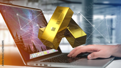 Gold bullion shinning in front of connection - 3d render photo