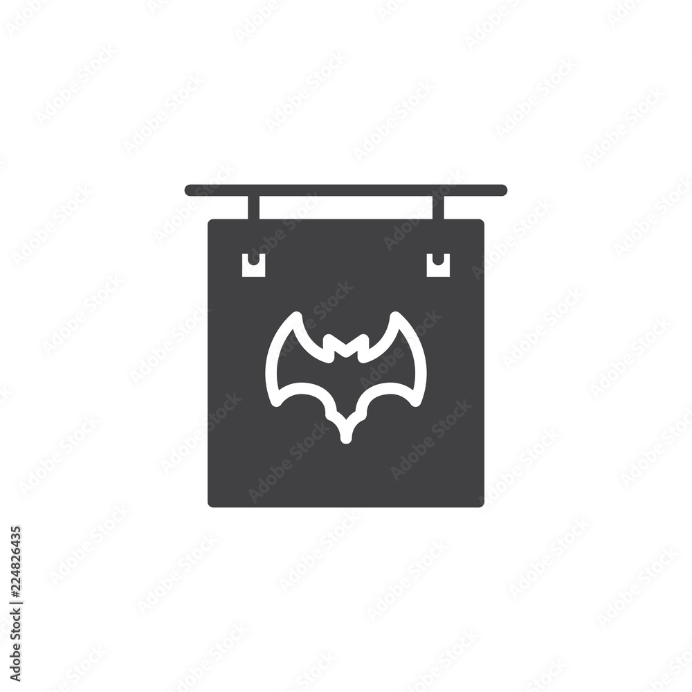 Sign board with Halloween bat vector icon. filled flat sign for mobile concept and web design. Happy Halloween simple solid icon. Symbol, logo illustration. Pixel perfect vector graphics Sign board with Halloween bat vector icon. filled flat sign for mobile concept and web design. Happy Halloween simple solid icon. Symbol, logo illustration. Pixel perfect vector graphics