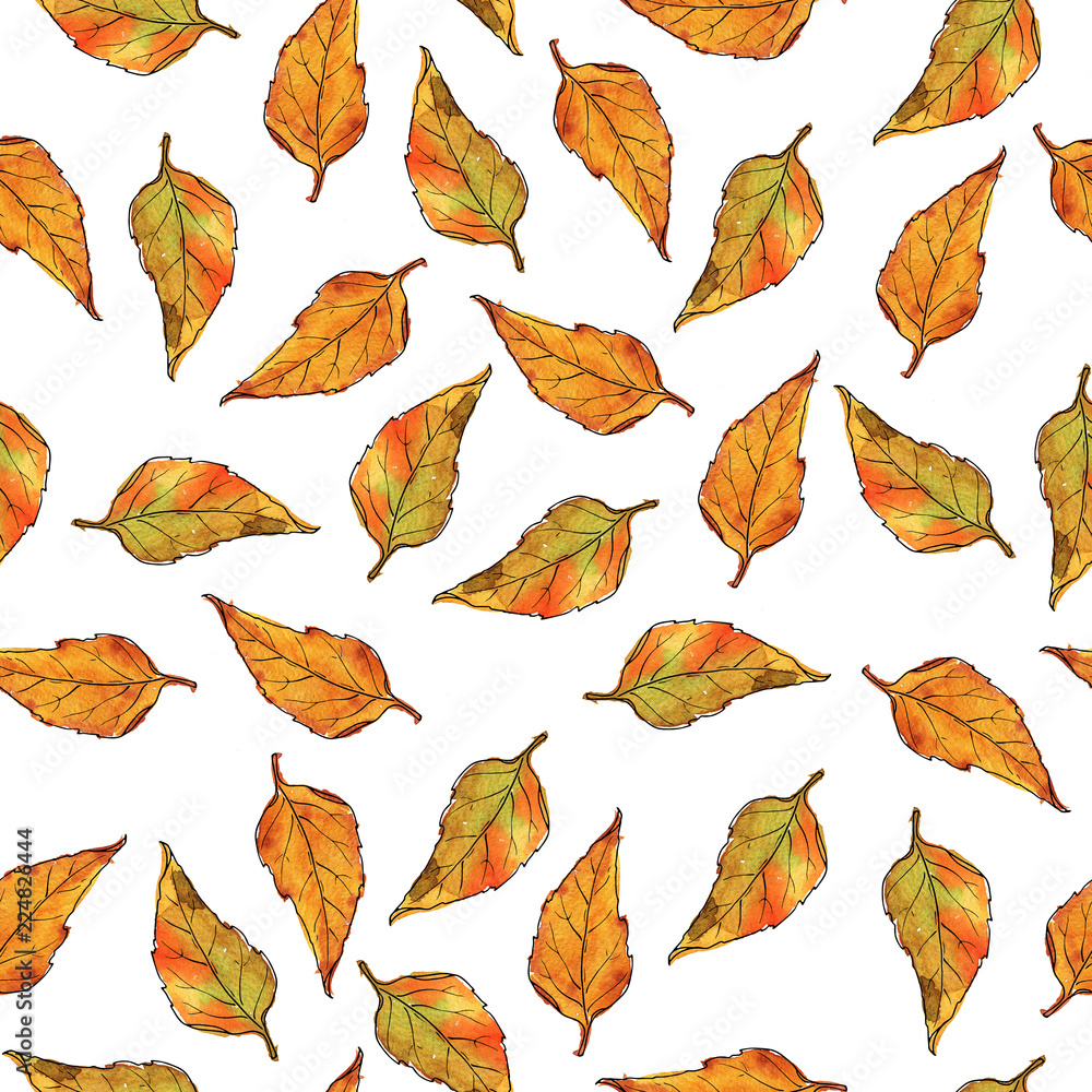 Obraz premium Seamless pattern witn brown and yellow fall leaves on white background. Hand drawn watercolor and ink illustration.