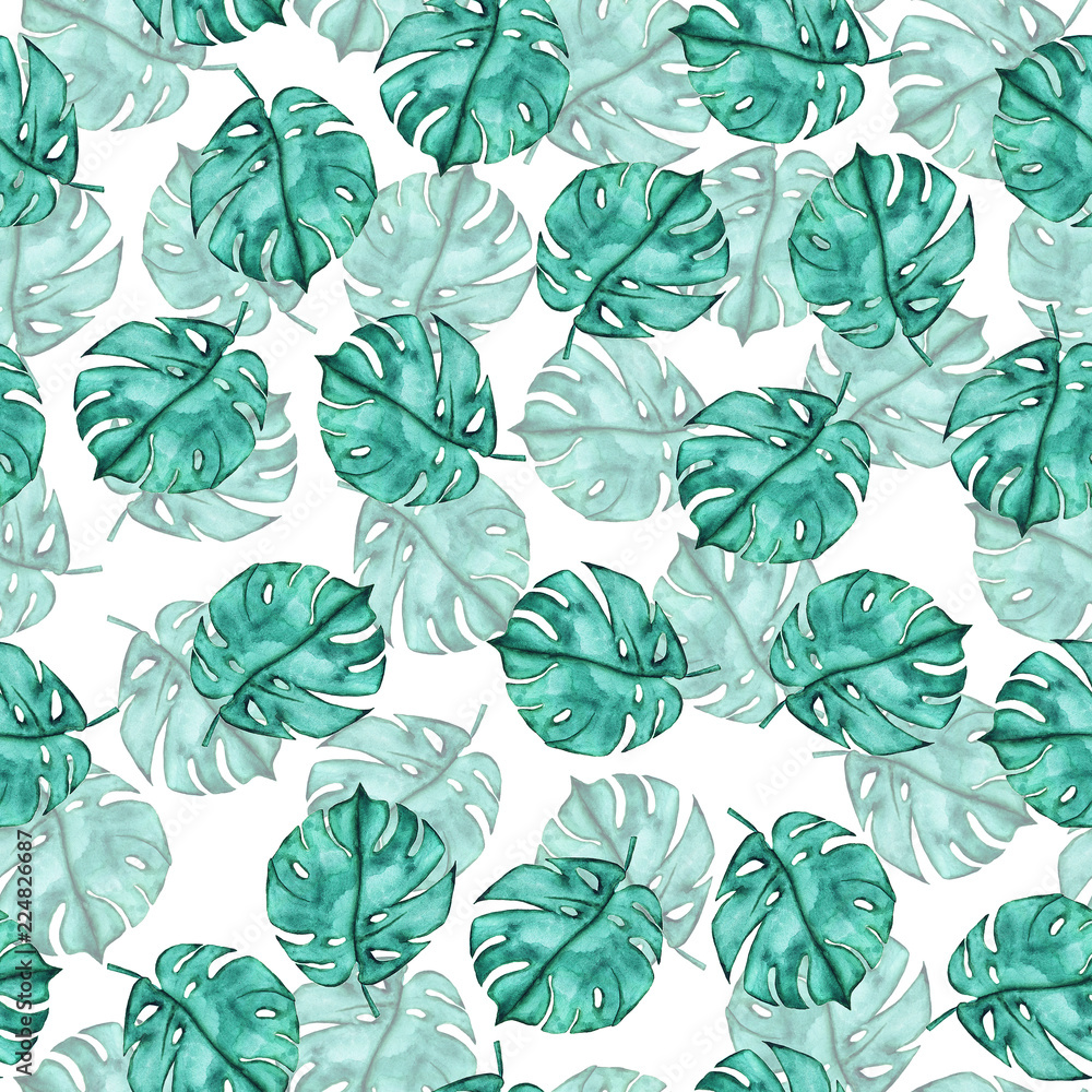 Seamless pattern with green monstera leaves on white background. Hand drawn watercolor illustration.