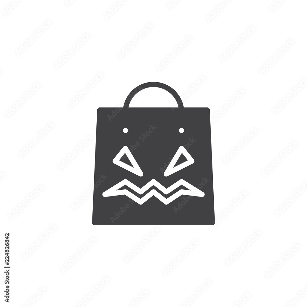 Halloween shopping bag vector icon. filled flat sign for mobile concept and web design. Shopping bag with pumpkin face simple solid icon. Symbol, logo illustration. Pixel perfect vector graphics Halloween shopping bag vector icon. filled flat sign for mobile concept and web design. Shopping bag with pumpkin face simple solid icon. Symbol, logo illustration. Pixel perfect vector graphics