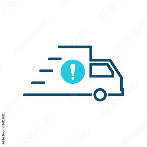 Fast shipping icon, delivery truck icon with exclamation mark. Fast shipping icon and alert, error, alarm, danger symbol