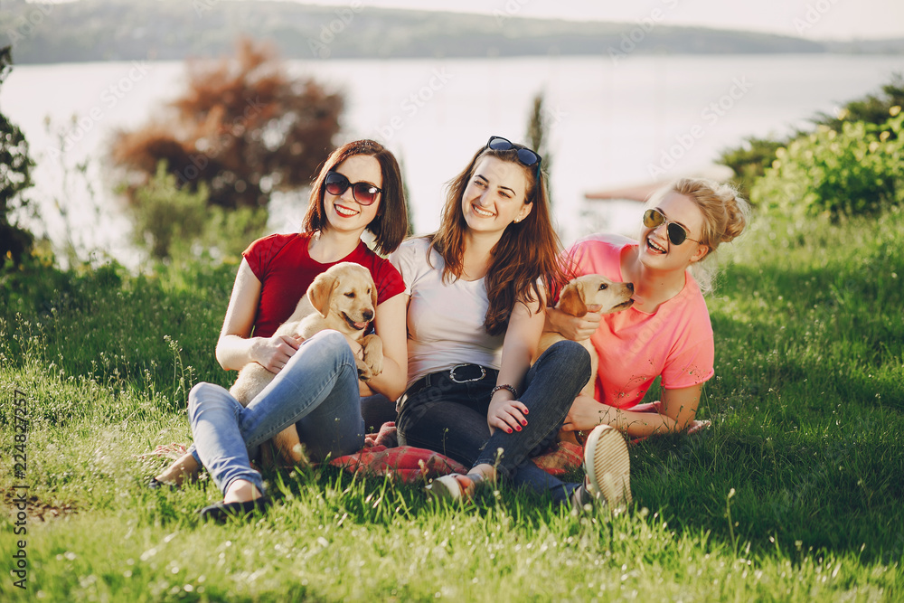 Fototapeta premium girls with dog