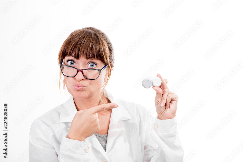 glasses or lenses.  doctor is wearing glasses. pensive doctor on  white background. The problem of choosing an ophthalmologist 
