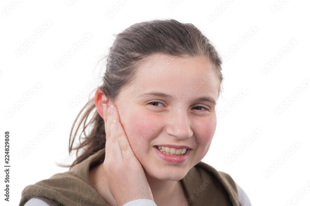 portrait of a smiling young teenage girl, on white portrait of a smiling young teenage girl, on white
