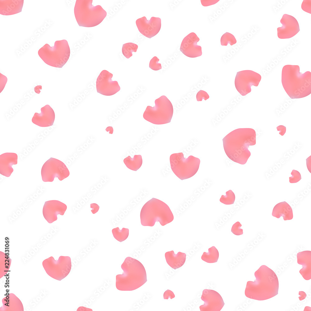 Pink rose petals. Seamless pattern background. The shape of a heart. Valentines day. Vector illustration.