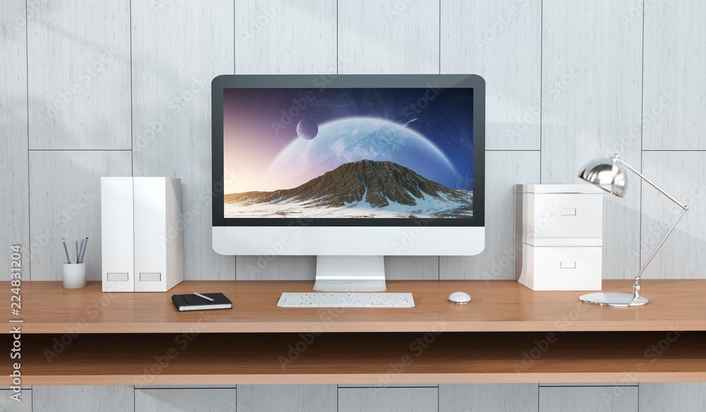 Computer and devices on modern wooden desk interior 3D rendering Computer and devices on modern wooden desk interior 3D rendering