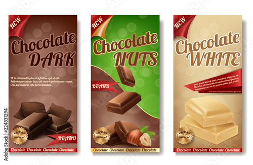 Vector realistic collection of chocolate packaging. Labels of tasty product with nuts, white milk sweetness. Design of boxes, brand illustration for ad posters, promo banners. Decorative elements.