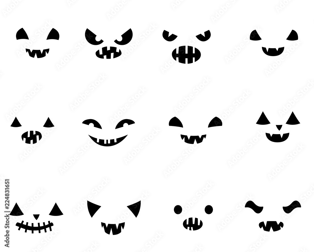 Vetor do Stock: Vector set with carved Halloween pumpkin faces templates in  black and white with different funny expressions with different face  expressions | Adobe Stock