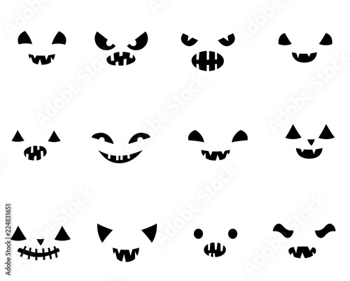 Vector set with carved Halloween pumpkin faces templates in black and white with different funny expressions with different face expressions