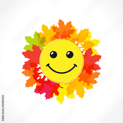 World festive congrats. Coloured foliage, red, pink and orange smiling leaves. Congratulating celebrating decorating isolated template. Internet smiles colorful design. Network smiley funny web symbol