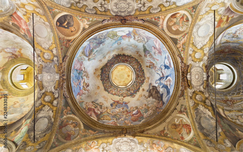 PARMA, ITALY - APRIL 15, 2018: The fresco of Assmption of Virgin Mary in side cupola of church  Chiesa di Santa Cristina by Filippo Maria Galletti (1636-1714).