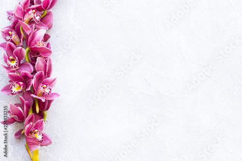 Spa and wellness setting with orchid flower, oil on wooden white background closeup top view