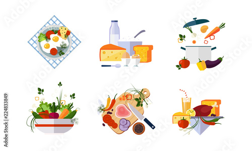 Healthy organic food set, diet menu, dairy, vegetable and meat products vector Illustration on a white background