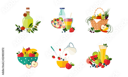 Healthy dishes from organic vegetables and fruits set, vegetarian menu vector Illustration on a white background