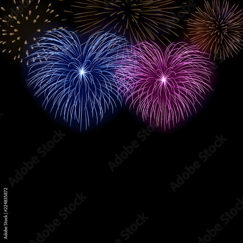 Beautiful heart-fireworks. Cute background card. Bright romantic couple fireworks isolated on black. Light love salute for Valentine Day celebration. Symbol of wedding Vector illustration