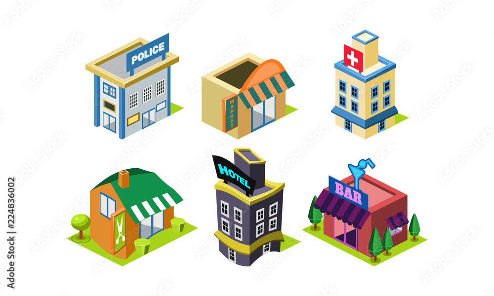 Vector set of isometric city constructor elements. Public buildings. Police department, market, hairdressing salon, hospital and bar