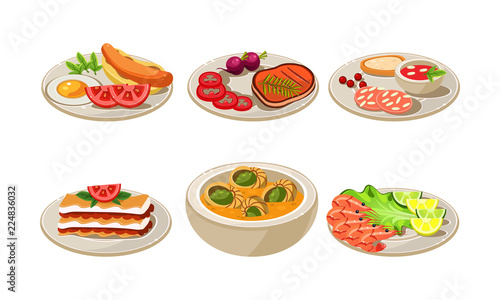 Flat vector set of appetizing dishes. Plates with tasty food for breakfast and dinner. Cooking theme