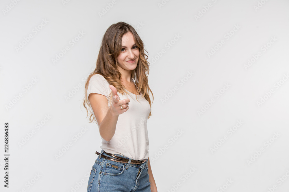 I choose you and order. The smiling business woman point you, want you, half length closeup portrait on white studio background. The human emotions, facial expression concept. Front view. Trendy I choose you and order. The smiling business woman point you, want you, half length closeup portrait on white studio background. The human emotions, facial expression concept. Front view. Trendy