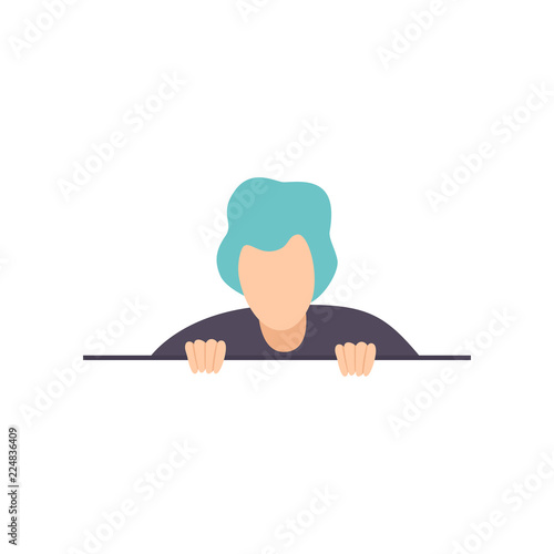Young man peeping out from behind a barrier vector Illustration on a white background