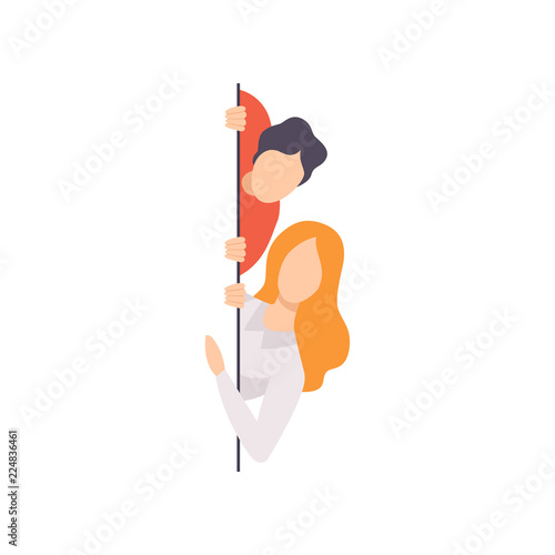 Young man and woman peeping from behind the wall vector Illustration on a white background