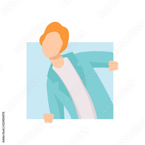 Young man looking out of a square window vector Illustration on a white background