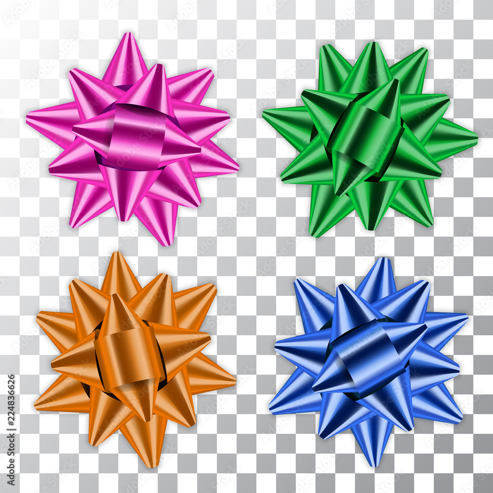 Blue, green, pink, orange bow 3d ribbons set. Decor element Shiny color decorations gift present, holiday design, isolated white transparent background. Symbol Christmas, New Year. Vector illustration Blue, green, pink, orange bow 3d ribbons set. Decor element Shiny color decorations gift present, holiday design, isolated white transparent background. Symbol Christmas, New Year. Vector illustration