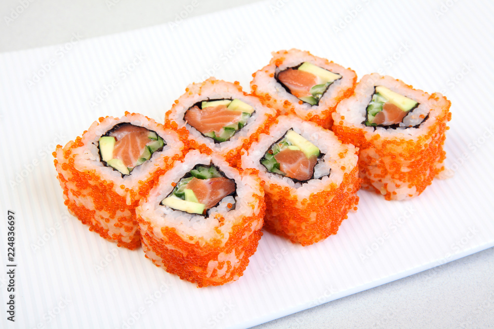 Sushi. Rolls with shrimp. Roll California with avocado. Japanese food. Healthy food is nicely laid out on a platter. Sushi. Rolls with shrimp. Roll California with avocado. Japanese food. Healthy food is nicely laid out on a platter.
