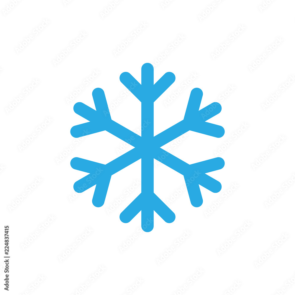 Snowflake icon. Blue silhouette snow flake sign, isolated on white background. Flat design. Symbol of winter, frozen, Christmas, New Year holiday. Graphic element decoration. Vector illustration